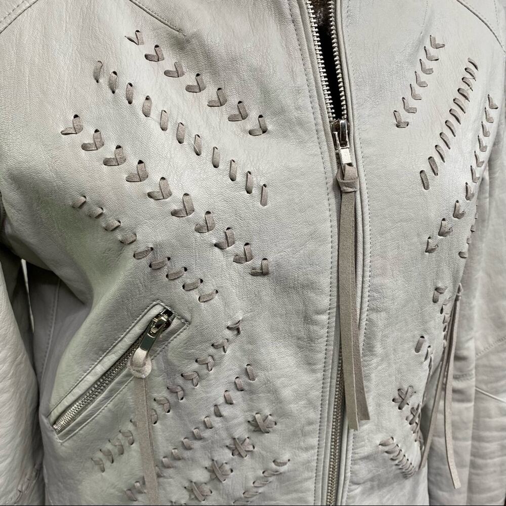 BlankNYC Moto Faux Leather Jacket Womens Size M Gray Lacing Fringe Zip Front - Picture 4 of 16